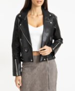 Women hooded Leather jacket in Black