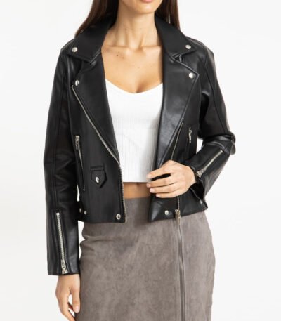 Women hooded Leather jacket in Black