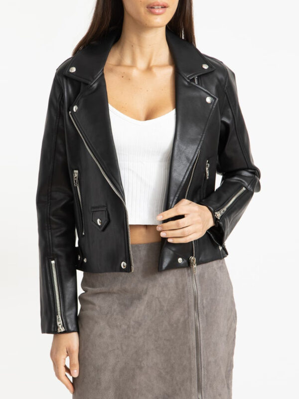 Women hooded Leather jacket in Black