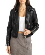 Women hooded Leather jacket in Black