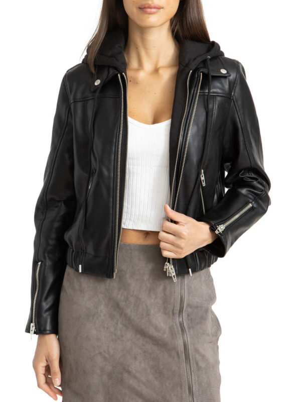 Women hooded Leather jacket in Black