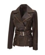 Womens Asymmetrical Distressed Brown Belted Leather Jacket