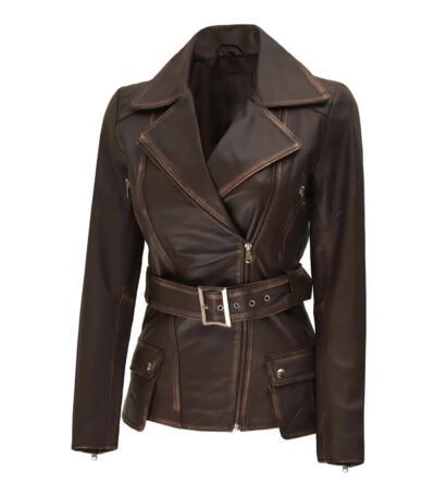 Womens Asymmetrical Distressed Brown Belted Leather Jacket