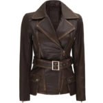 Womens Asymmetrical Distressed Brown Belted Leather Jacket