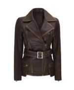 Womens Asymmetrical Distressed Brown Belted Leather Jacket