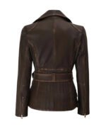 Womens Asymmetrical Distressed Brown Belted Leather Jacket