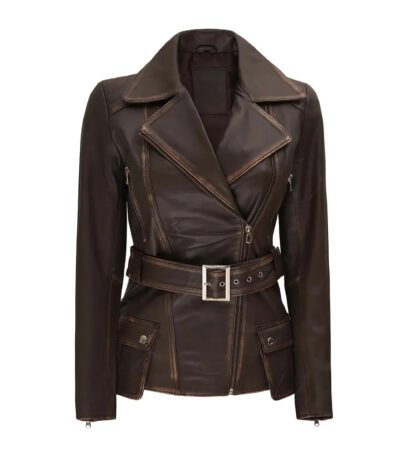 Womens Asymmetrical Distressed Brown Belted Leather Jacket