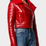 Womens Asymmetrical Lainey Red Faux Shearling Leather Jacket