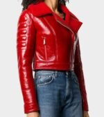 Womens Asymmetrical Lainey Red Faux Shearling Leather Jacket