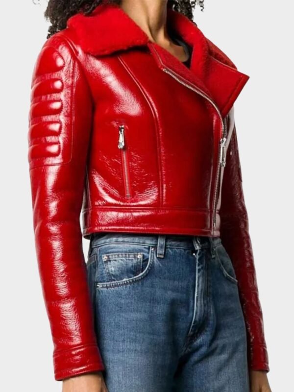 Womens Asymmetrical Lainey Red Faux Shearling Leather Jacket