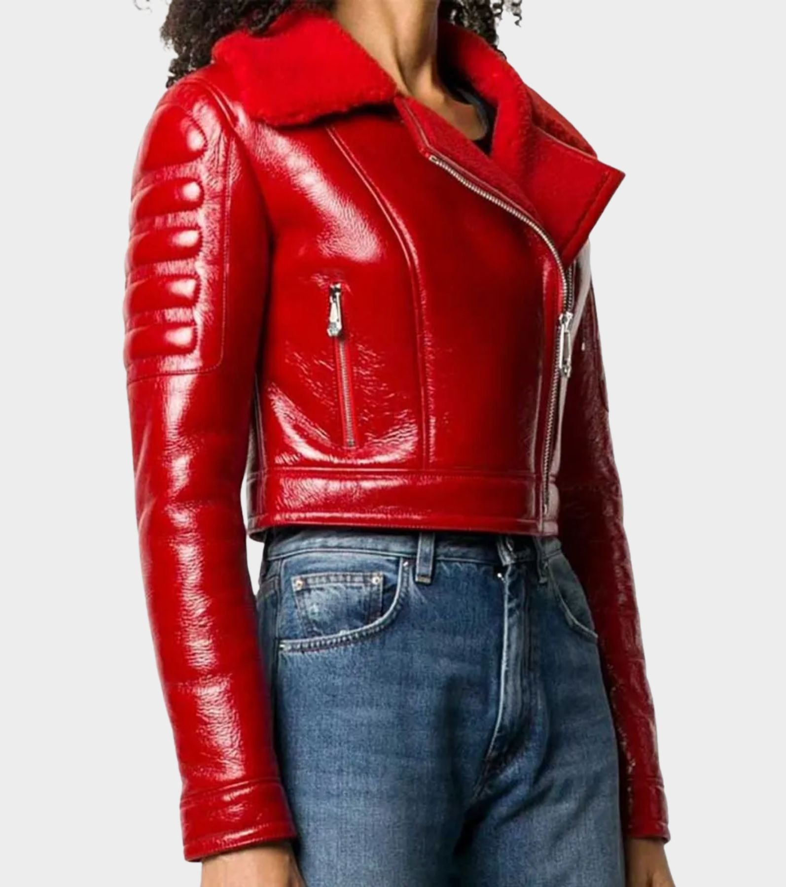 Womens Asymmetrical Lainey Red Faux Shearling Leather Jacket Womens Asymmetrical Lainey Red Faux Shearling Leather Jacket