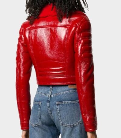 Womens Asymmetrical Lainey Red Faux Shearling Leather Jacket