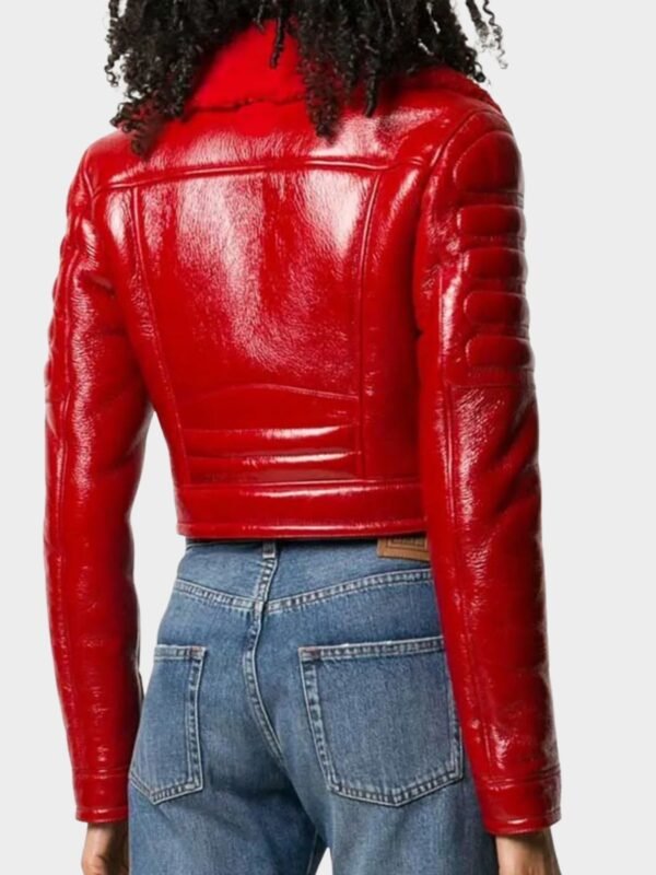 Womens Asymmetrical Lainey Red Faux Shearling Leather Jacket