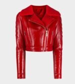 Womens Asymmetrical Lainey Red Faux Shearling Leather Jacket
