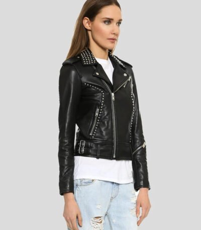 Womens Biker Studded Premium Leather Jacket