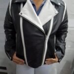 Womens Black And White Lambskin Leather Biker Jacket