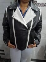 Womens Black And White Lambskin Leather Biker Jacket