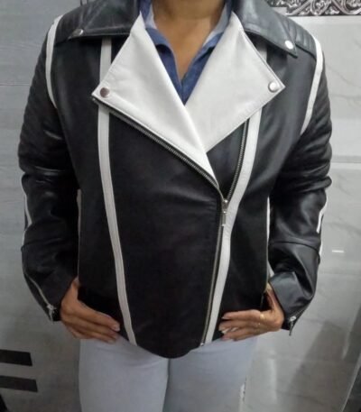 Womens Black And White Lambskin Leather Biker Jacket