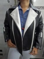 Womens Black And White Lambskin Leather Biker Jacket