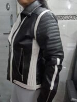 Womens Black And White Lambskin Leather Biker Jacket
