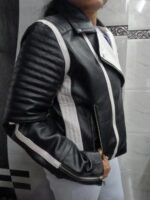 Womens Black And White Lambskin Leather Biker Jacket