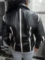 Womens Black And White Lambskin Leather Biker Jacket