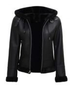 Womens Black Genuine Shearling Bomber Leather Jacket with Hood