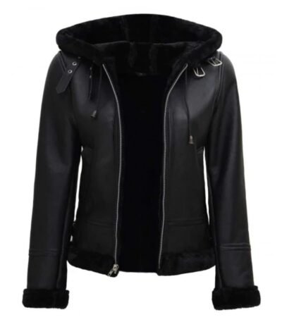 Womens Black Genuine Shearling Bomber Leather Jacket with Hood