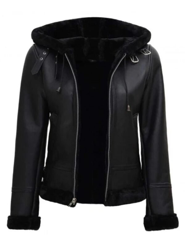 Womens Black Genuine Shearling Bomber Leather Jacket with Hood