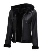 Womens Black Genuine Shearling Bomber Leather Jacket with Hood