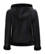 Womens Black Genuine Shearling Bomber Leather Jacket with Hood