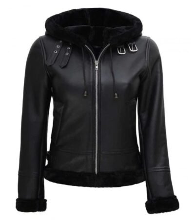 Womens Black Genuine Shearling Bomber Leather Jacket with Hood