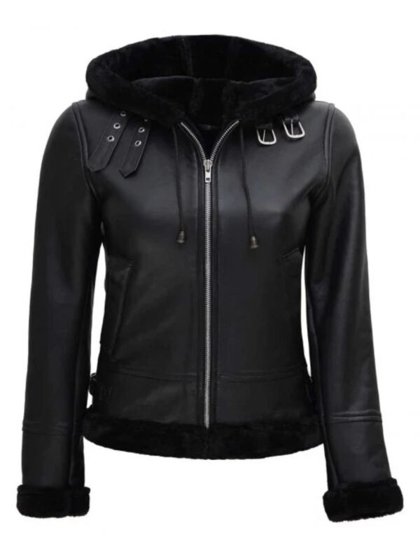 Womens Black Genuine Shearling Bomber Leather Jacket with Hood