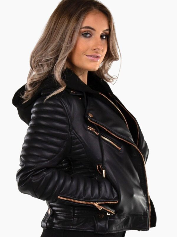 Women's Black Hooded Real Leather Jacket