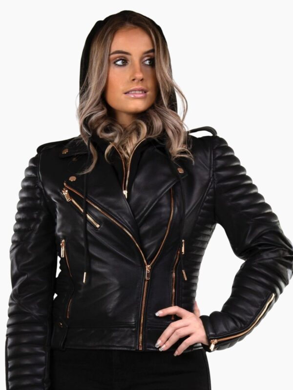 Women's Black Hooded Real Leather Jacket