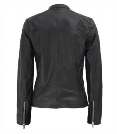 Women's Black Leather Cafe Racer Textured Real Leather Jacket