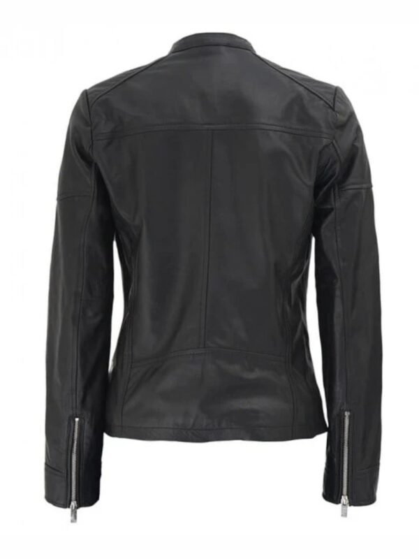 Women's Black Leather Cafe Racer Textured Real Leather Jacket