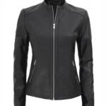 Women's Black Leather Cafe Racer Textured Real Leather Jacket