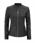 Women's Black Leather Cafe Racer Textured Real Leather Jacket