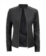 Women's Black Leather Cafe Racer Textured Real Leather Jacket