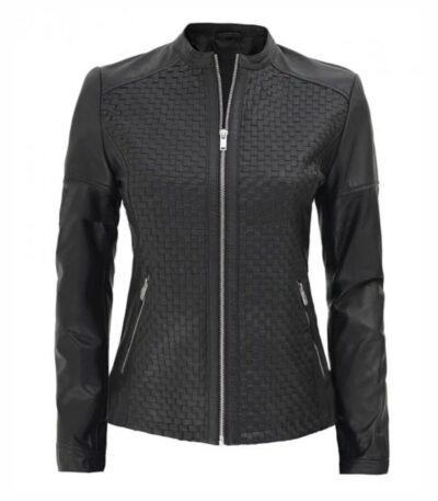 Women's Black Leather Cafe Racer Textured Real Leather Jacket
