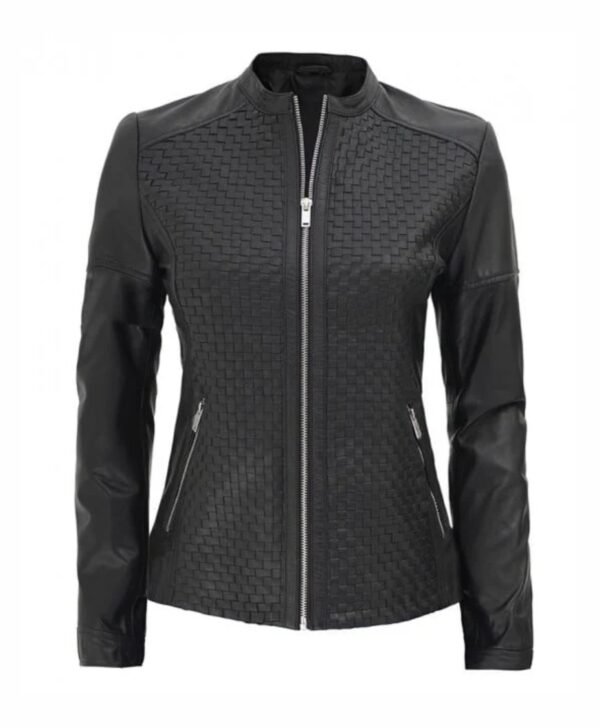 Women's Black Leather Cafe Racer Textured Real Leather Jacket