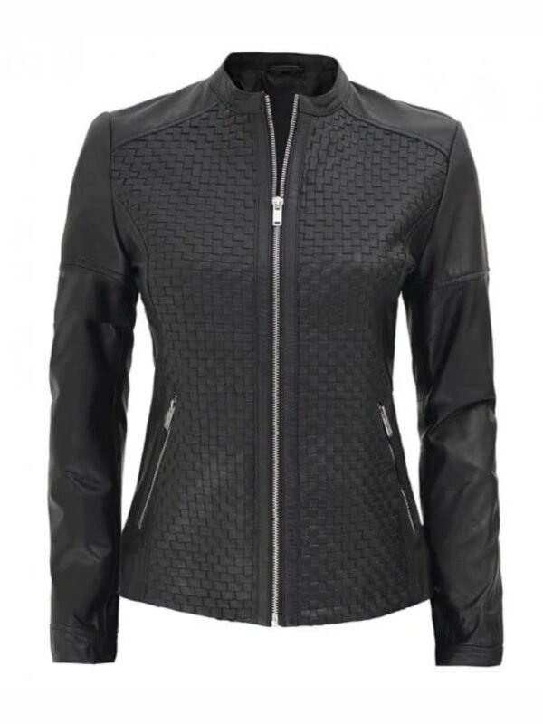 Women's Black Leather Cafe Racer Textured Real Leather Jacket