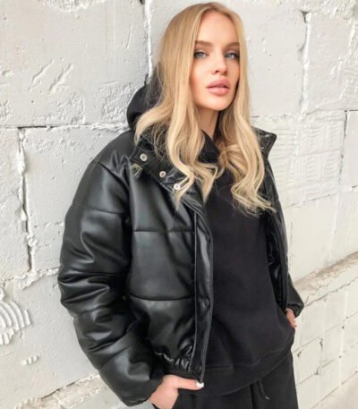 Womens Black Leather Puffer Jacket