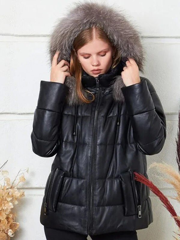 Womens Black Puffer Jacket With Faux Shearling Hooded
