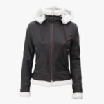 Womens Bomber Genuine Fur Lined Leather Jacket with Removable Hood