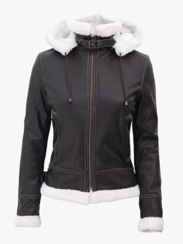 Womens Bomber Genuine Fur Lined Leather Jacket with Removable Hood