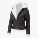 Womens Bomber Genuine Fur Lined Leather Jacket with Removable Hood