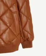 Womens Brown Puffer Leather Bomber Jacket in Genuine Fur Collar with Stylish Quilted