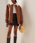 Womens Brown Puffer Leather Bomber Jacket in Genuine Fur Collar with Stylish Quilted